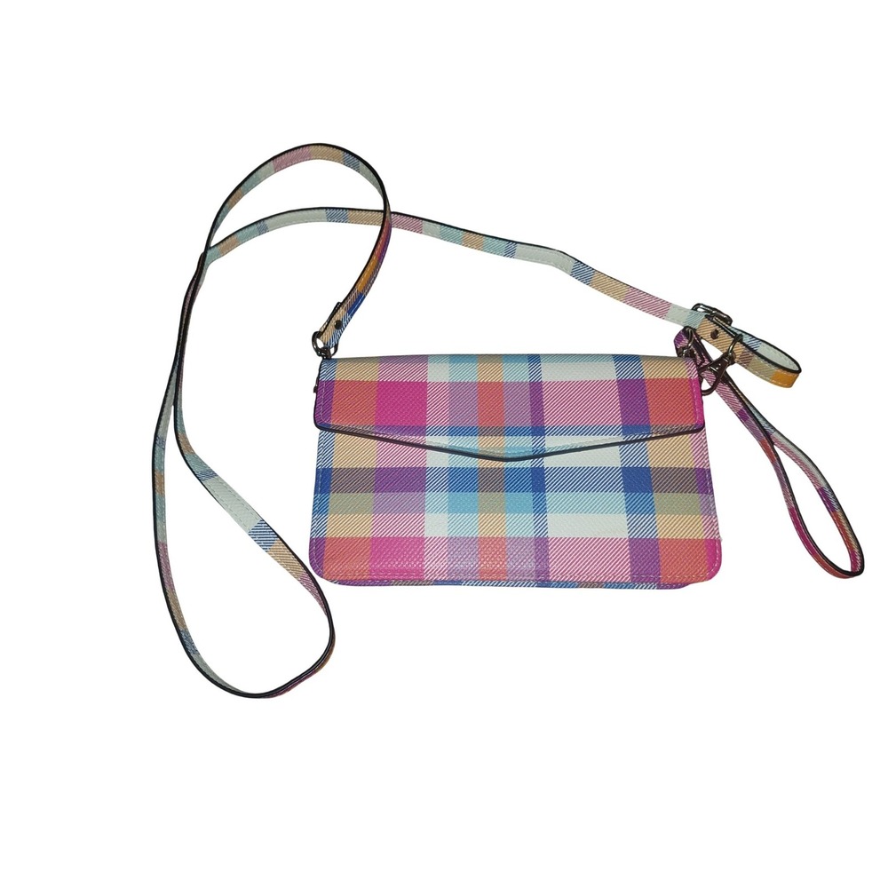 Multi Color Plaid Crossbody Bag with Phone Window and Detachable Strap Pink Blue